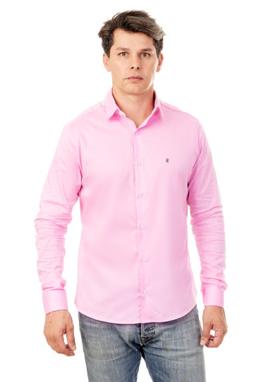 Camisa Social Manga Longa Rosa Brasão Cinza